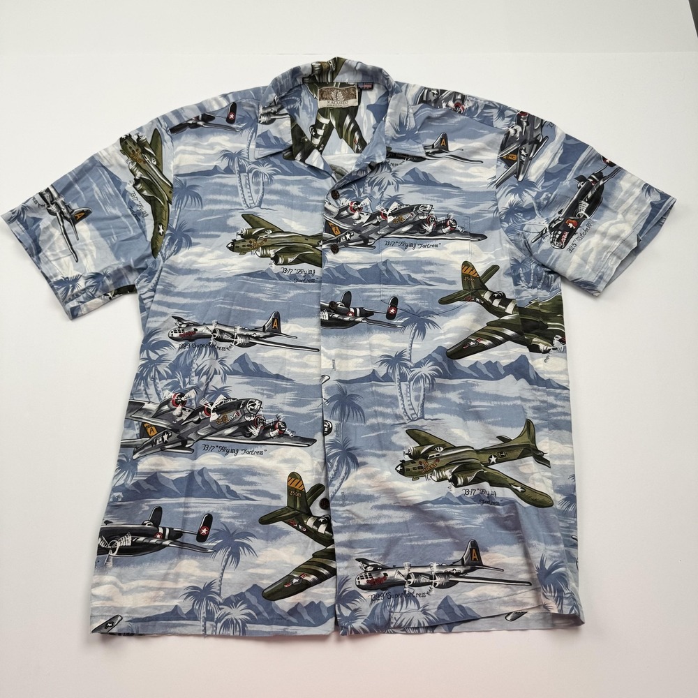Vintage Kalaheo Hawaiian Shirt Mens Large Blue WWII Planes Made Hawaii 90s Aloha